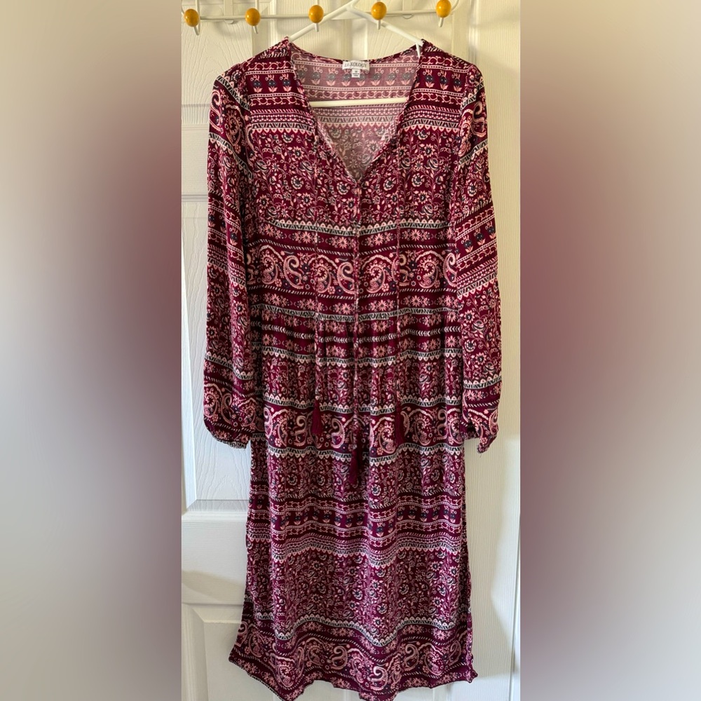 Luxology Women's Boho Floral Long Sleeve Tassel Maroon Midi Dress Sz M